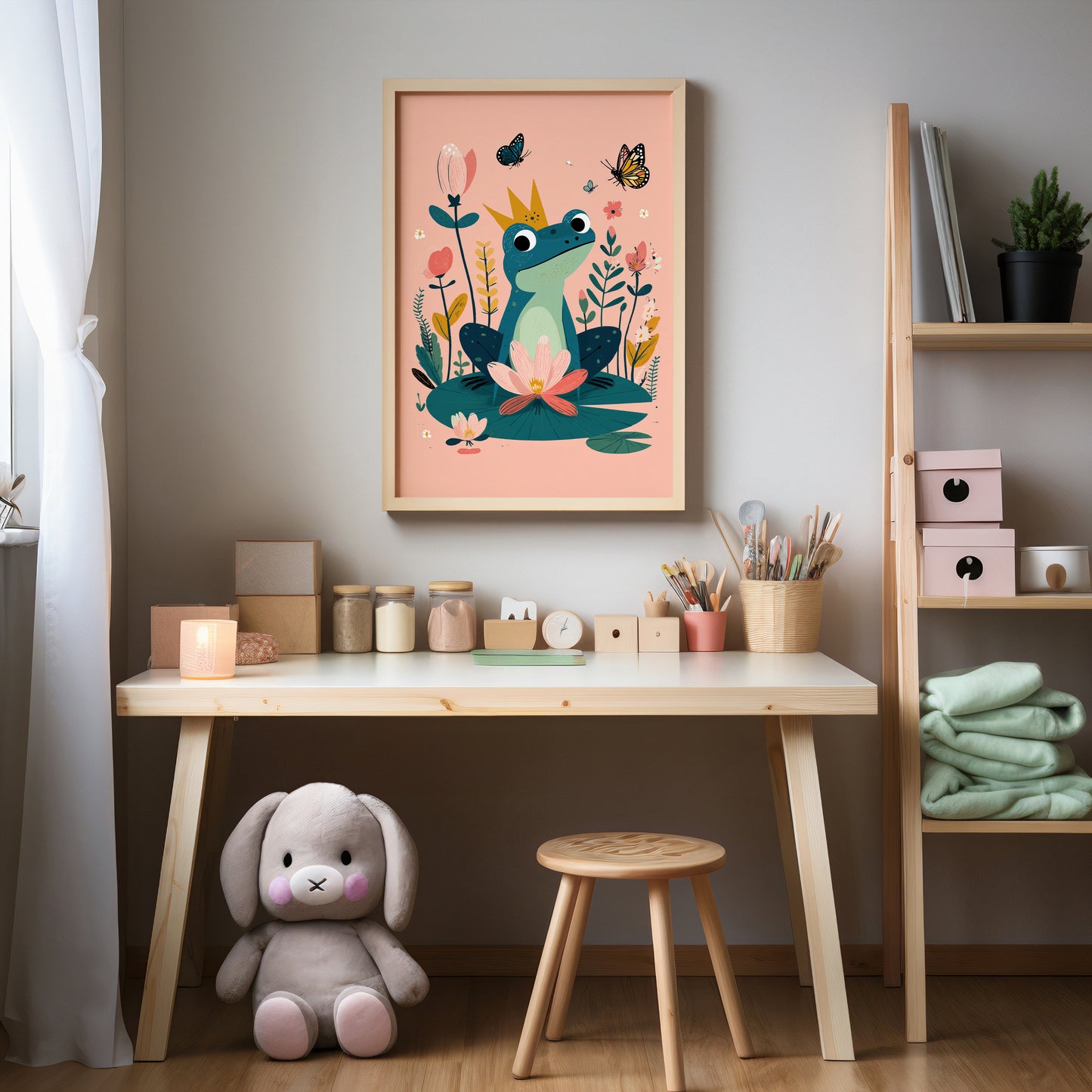 Children's room with a desk, plush toy, and framed artwork of a frog.