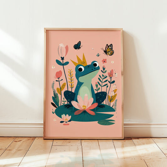 Framed frog prince art print in wooden frame, botanical illustration with teal frog gold crown lily pad and butterflies on blush pink background