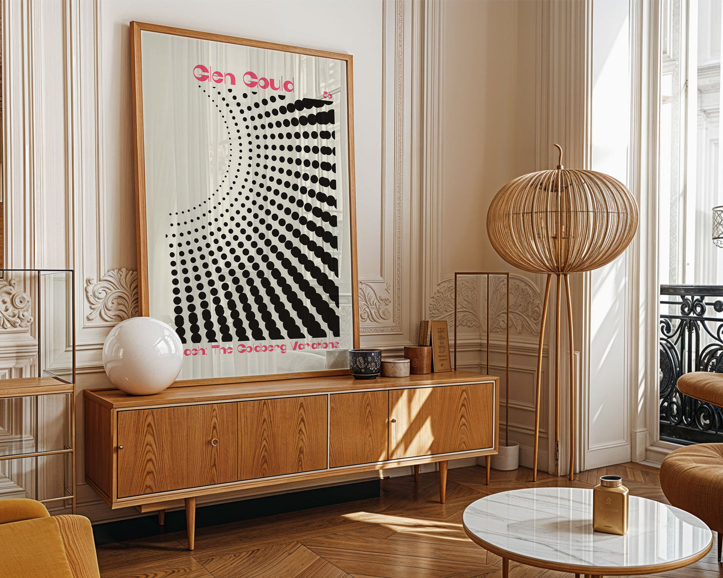 Modern living room with wooden sideboard, abstract art, and decorative lamp.