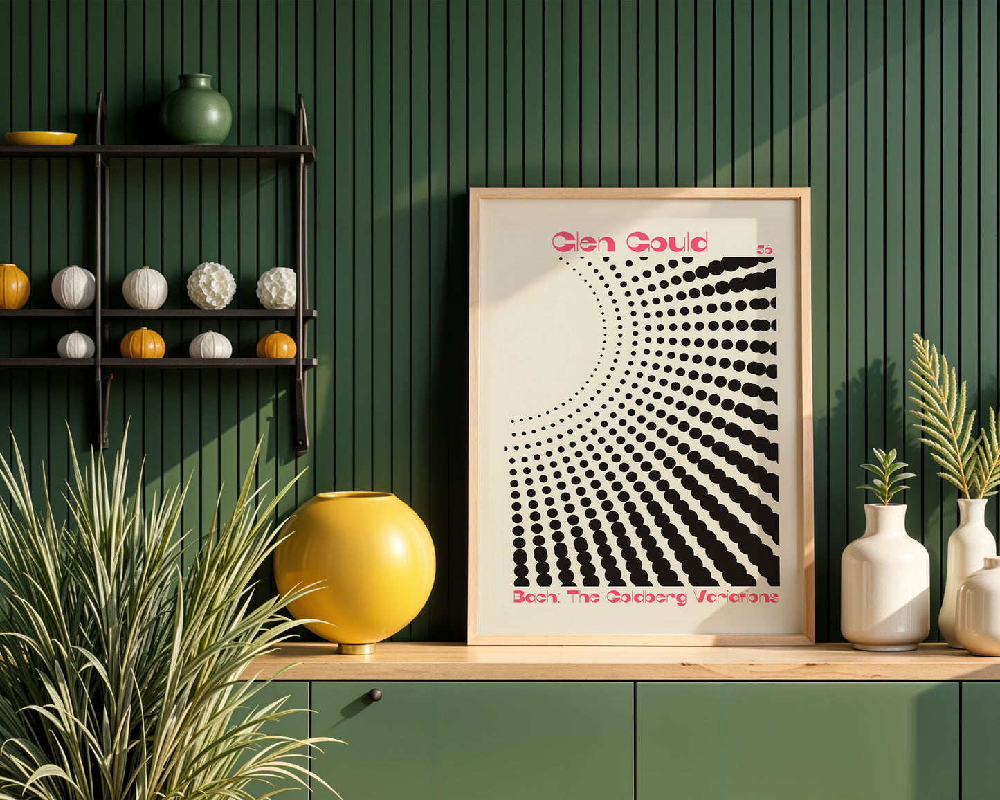 Framed mid-century style wall art print styled against minimalist interior wall