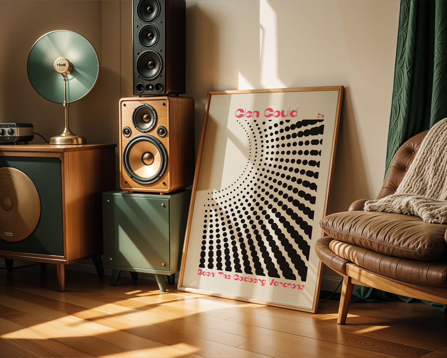 Room interior with wooden speakers, a lamp, and a decorative poster on a wall.
