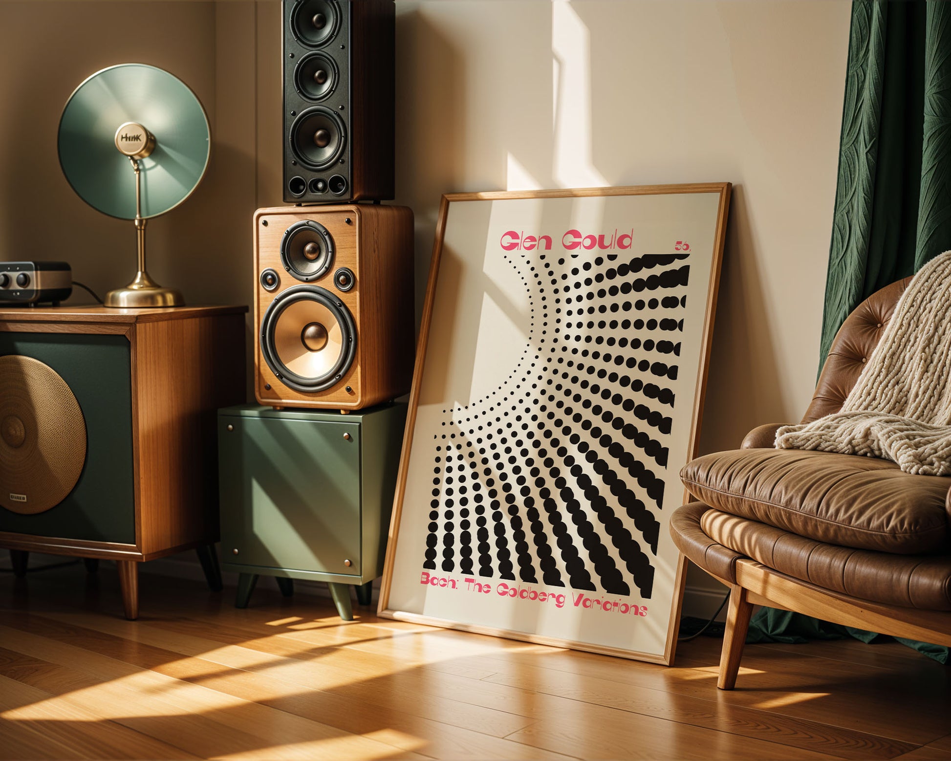 Room interior with wooden speakers, a lamp, and a decorative poster on a wall.