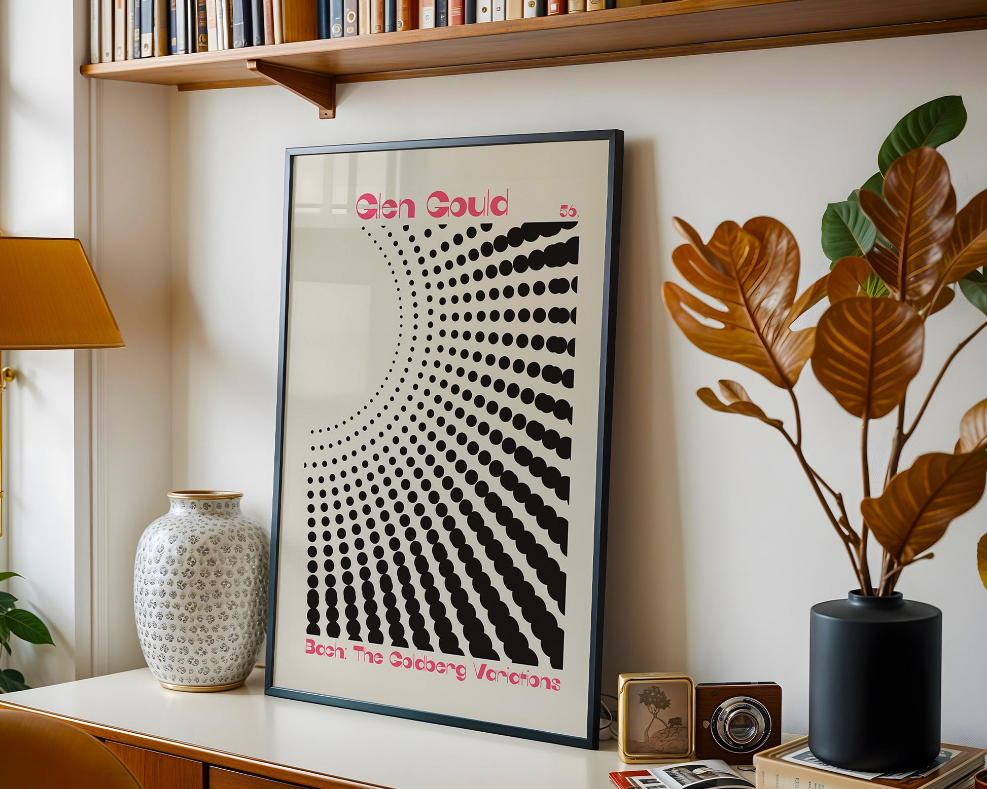Modern classical music print with Glen Gould typography and bold minimalist black dot graphic design
