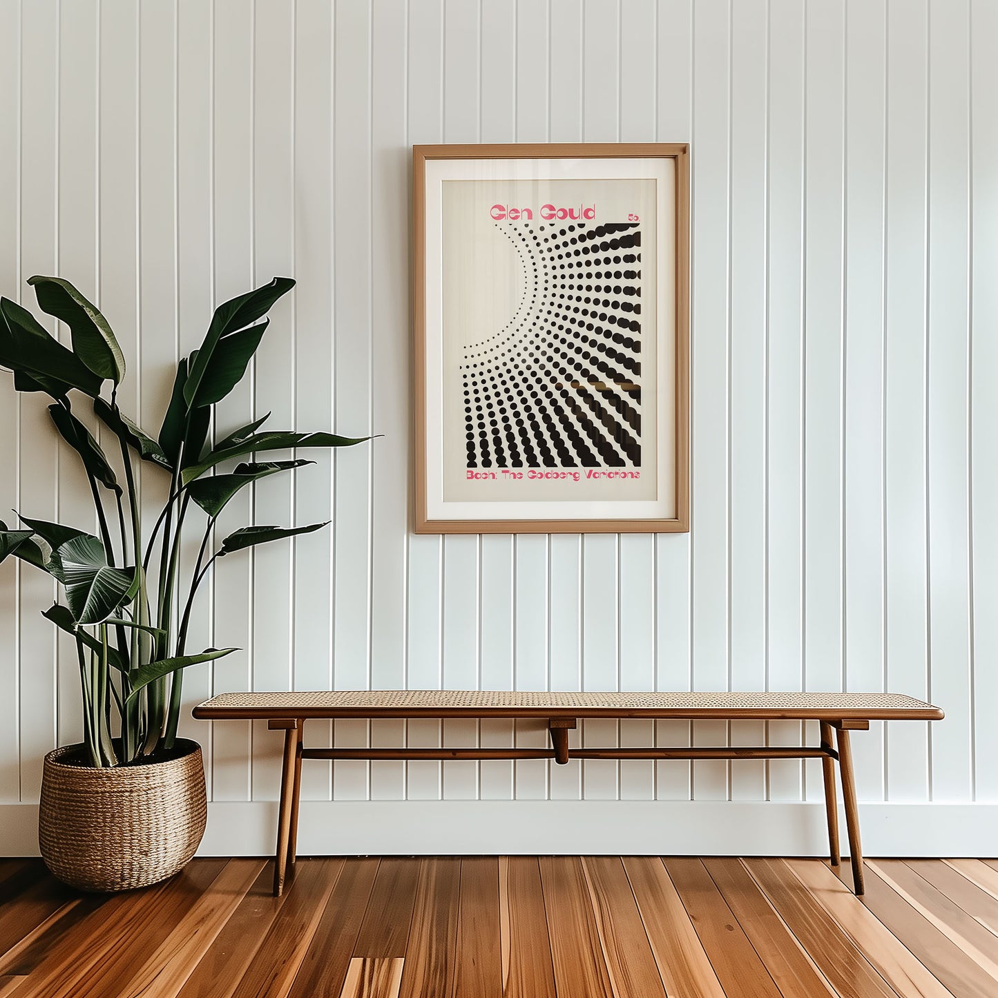 Mid-century modern poster styled in clean Scandinavian inspired living space