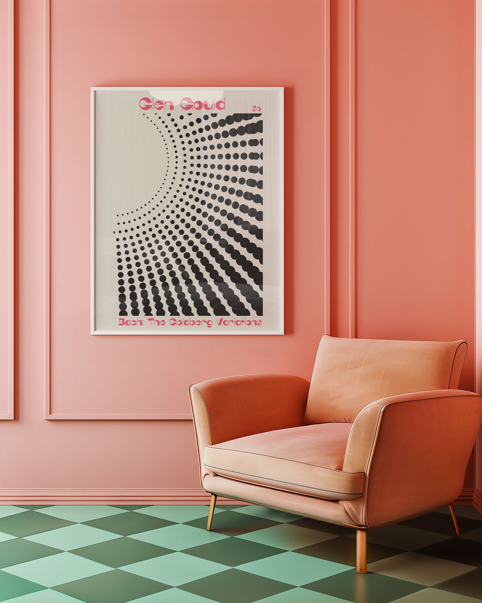 Pink armchair in a room with a geometric patterned wall and checkered floor.