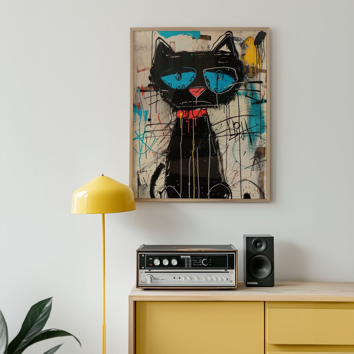 Modern interior with a framed abstract painting of a black cat, yellow floor lamp, and audio equipment.