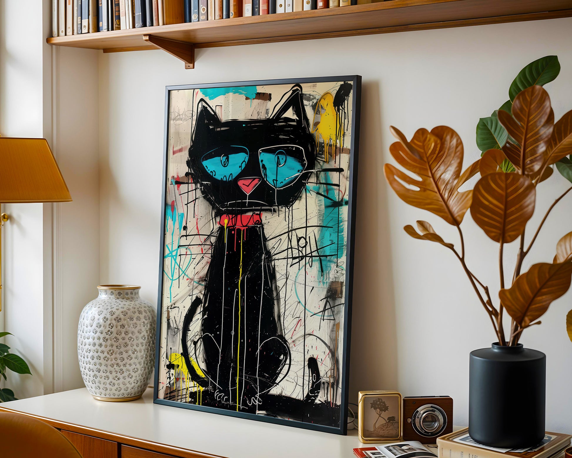 gallery wall statement piece k of a black cat with blue eyes on a shelf with decorative items.