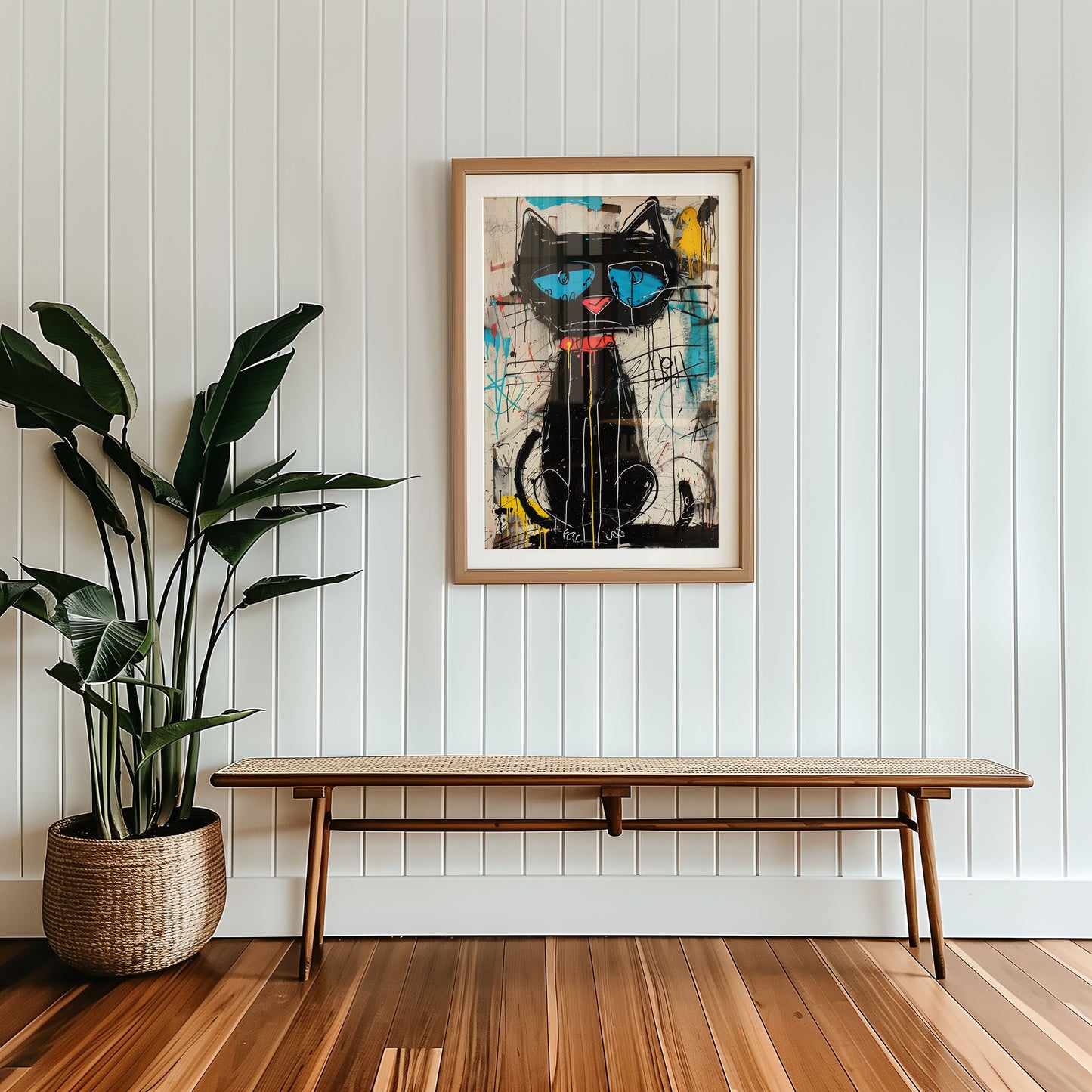 urban home decor abstract art of a black cat with glasses on a wall above a wooden bench.