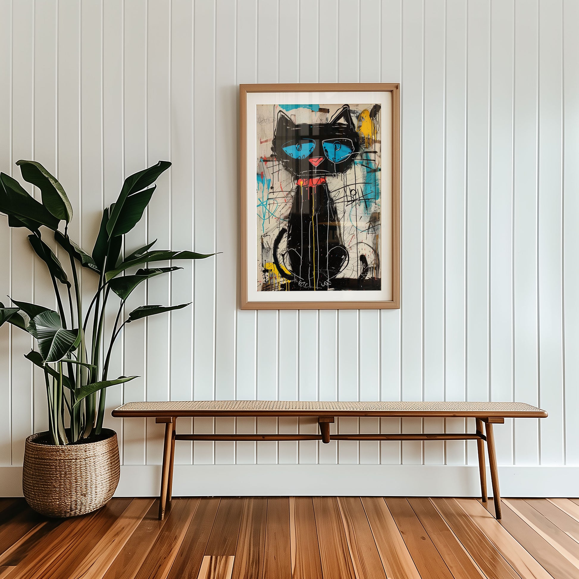 urban home decor abstract art of a black cat with glasses on a wall above a wooden bench.