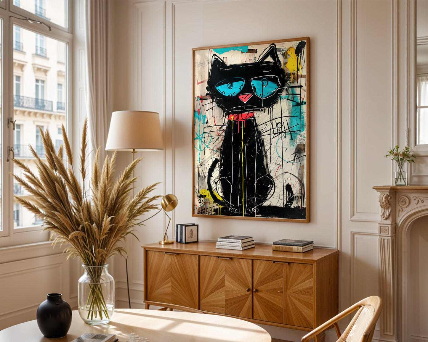 New York apartment Living room with a Basquiat black cat painting on the wall, wooden cabinet, and decorative items.