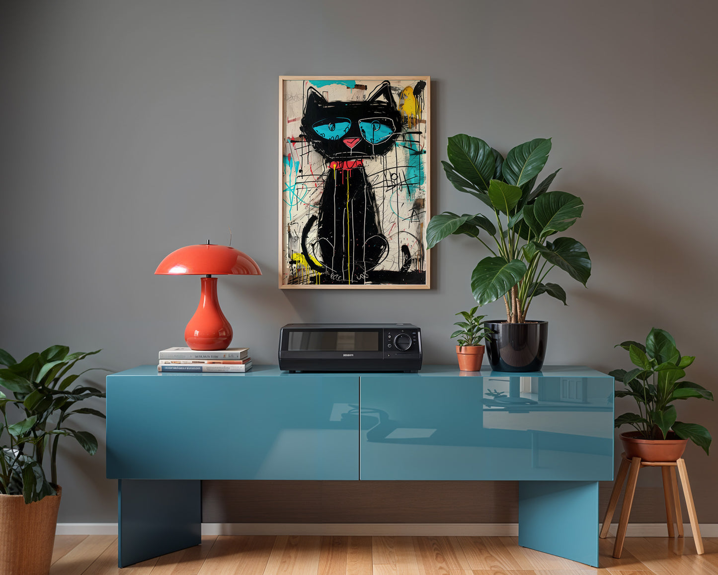 Modern interior with a graffiti style wall art print on a gray wall.
