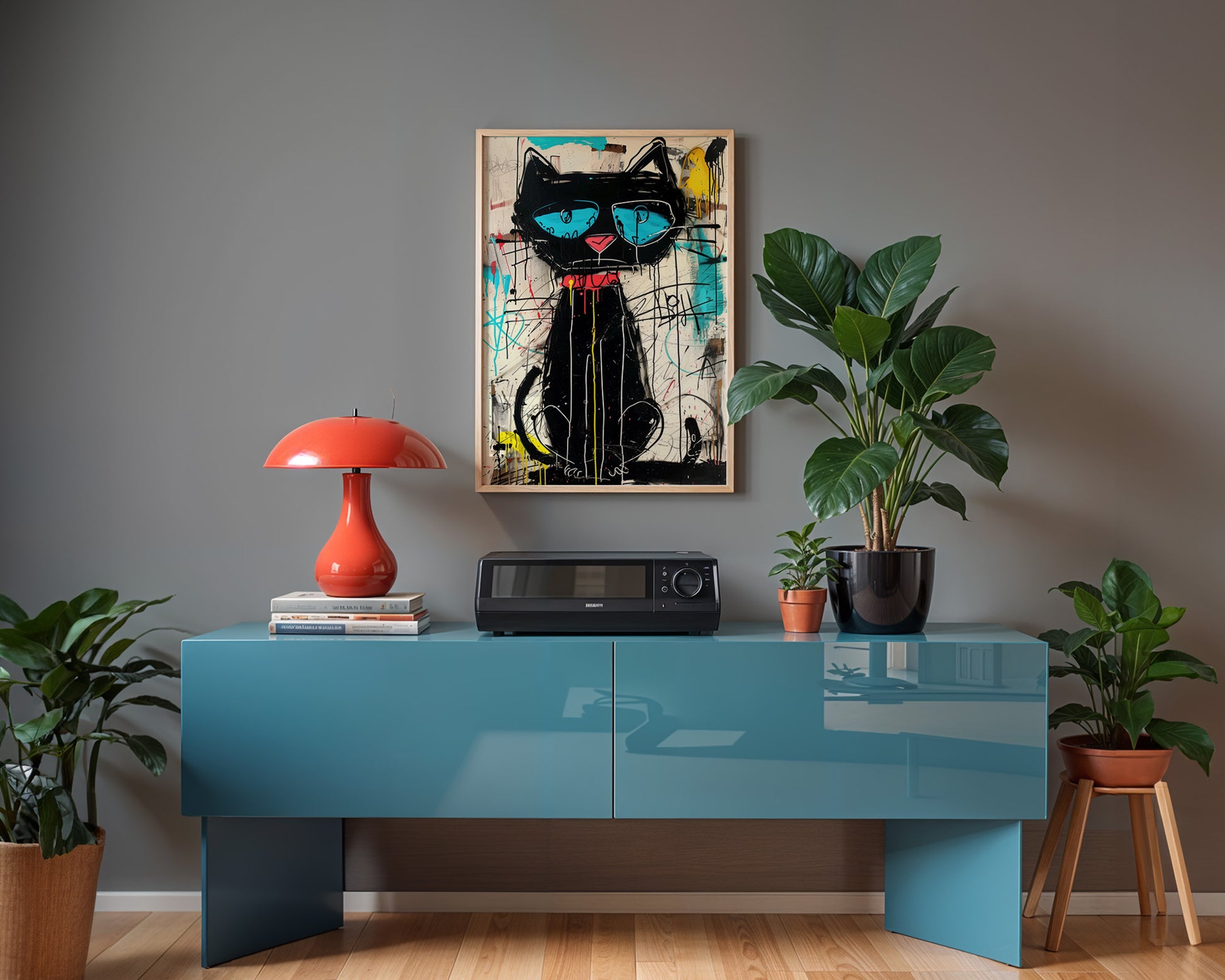 Modern interior with a graffiti style wall art print on a gray wall.