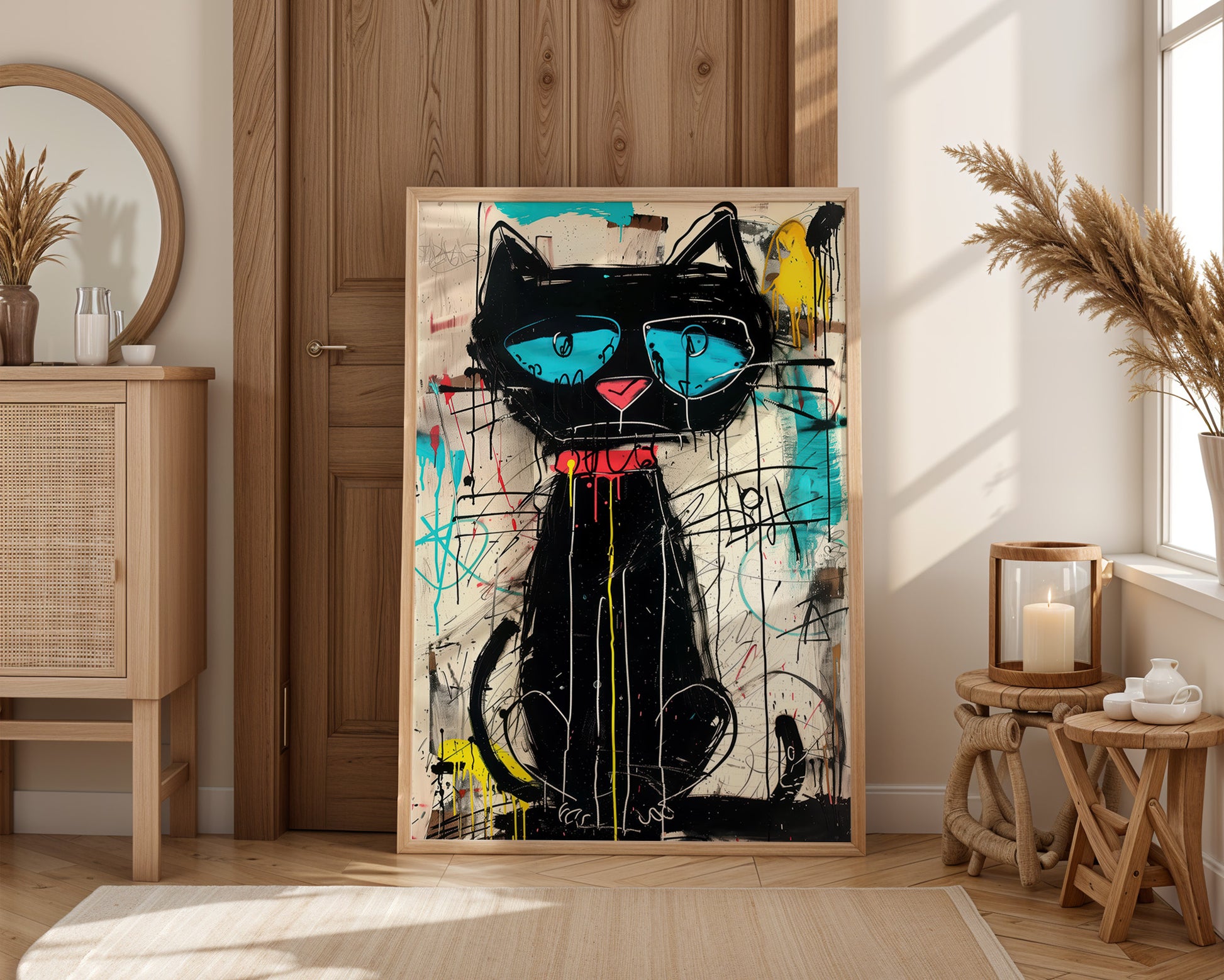 Colorful abstract painting of a black cat with blue eyes in a cool bedroom  interior setting.