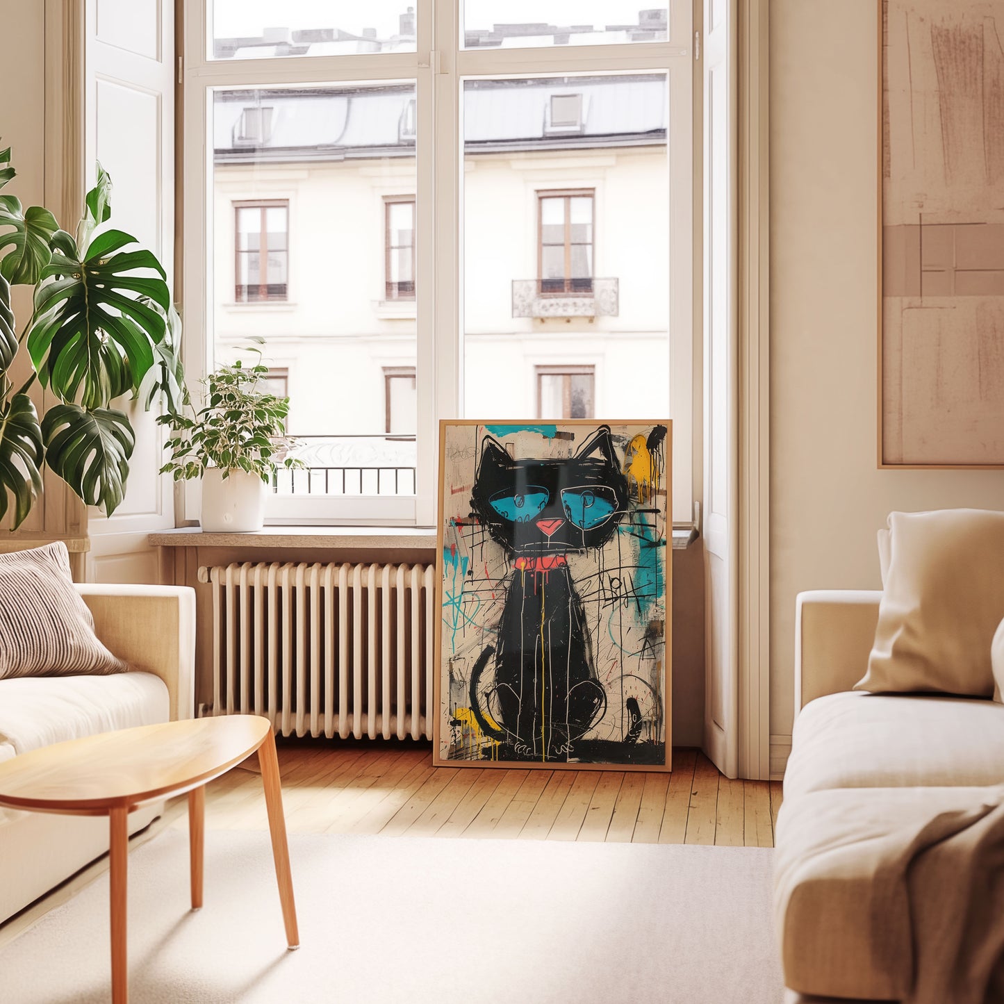 Modern Paris living room with a black cat neo expressionist print sitting on wooden floorboards 