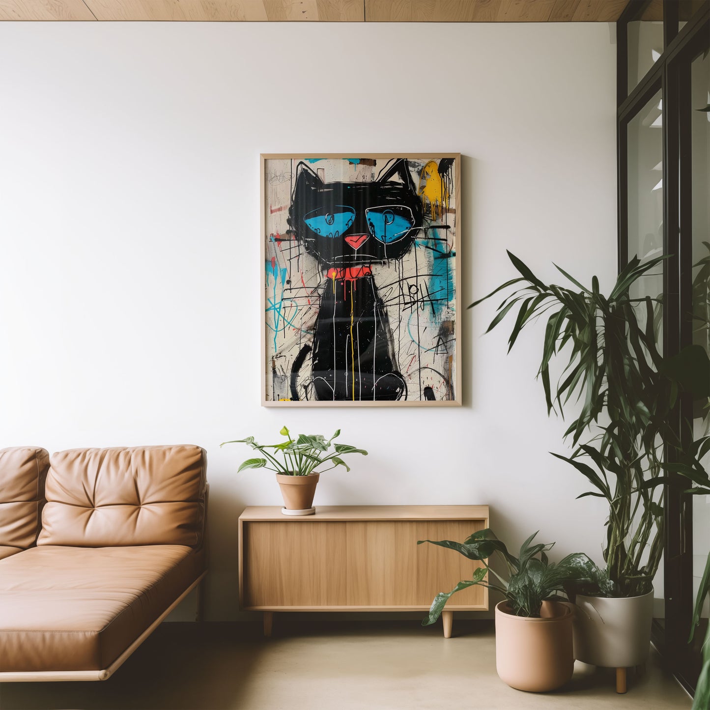 Modern living room with a tan sofa, wooden cabinet, and abstract cat painting on the wall.