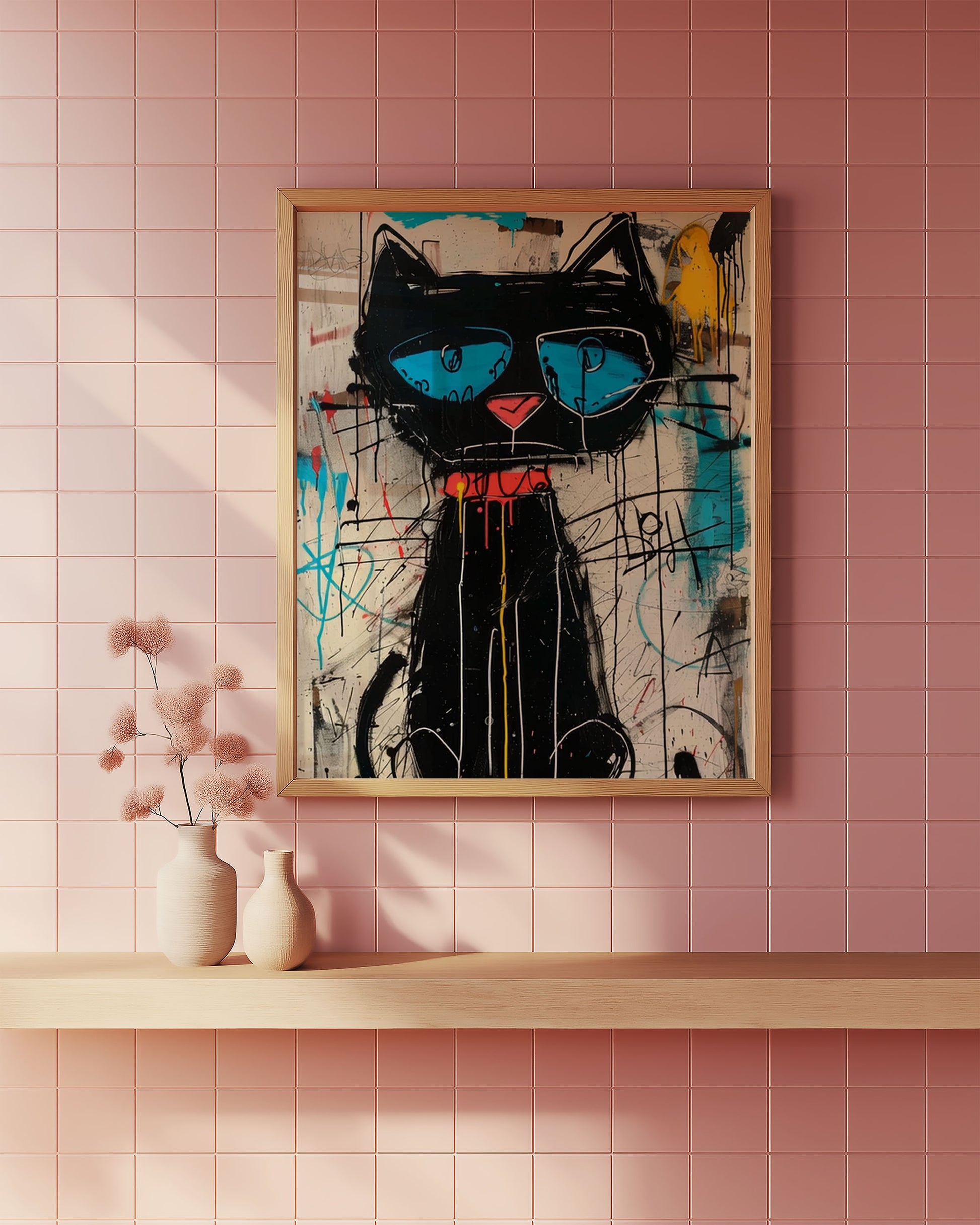 Framed abstract painting of a black cat with blue eyes on a pink tiled bathroom wall wall.