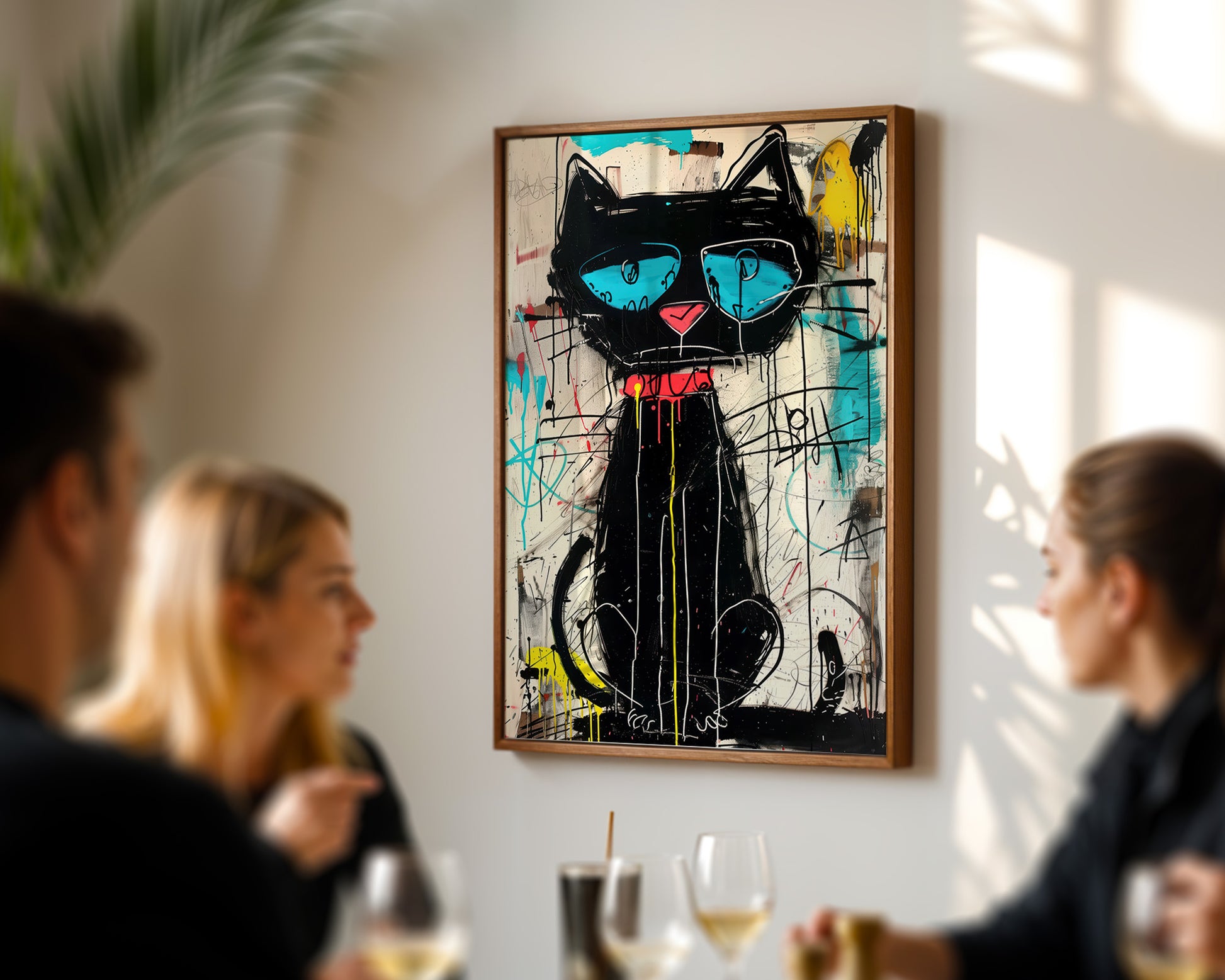 Abstract graffiti painting of a black cat with blue eyes on a wall in a social setting.