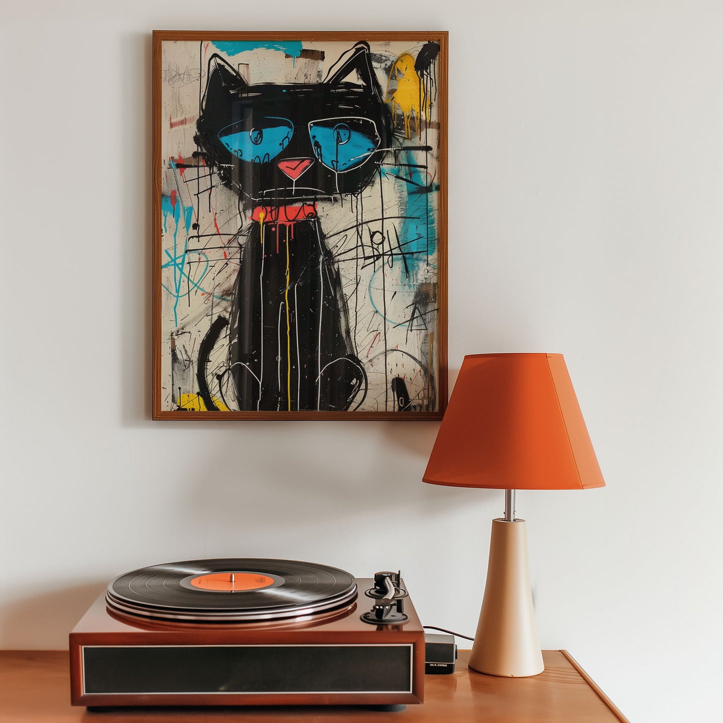 Framed contemporary abstract art of a black cat on a wall above a record player with an orange lamp.