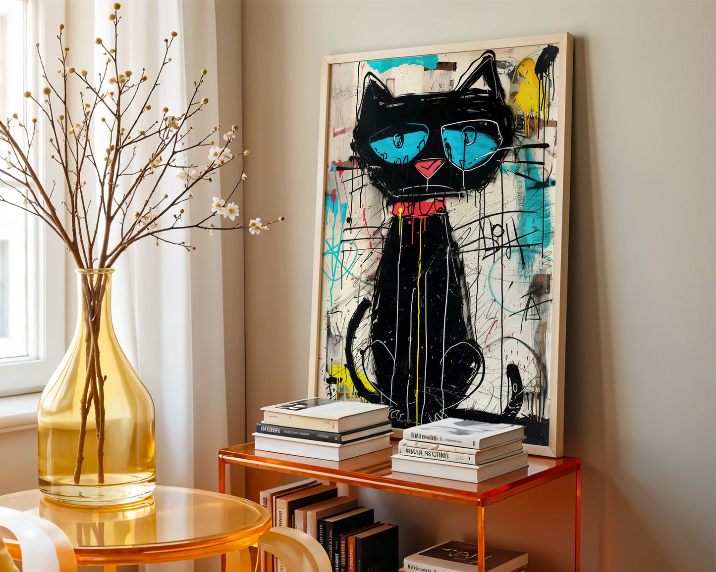 Room interior with a black cat urban graffiti poster on the wall, books on a shelf, and a vase with branches.
