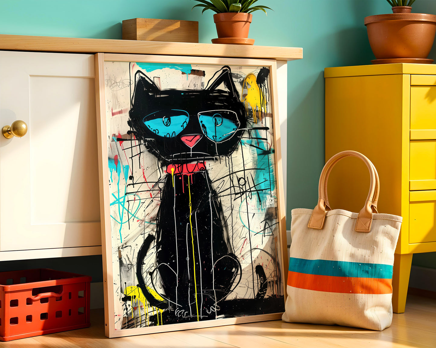 Framed artwork of a black cat with colorful eyes on a shelf with decorative items.