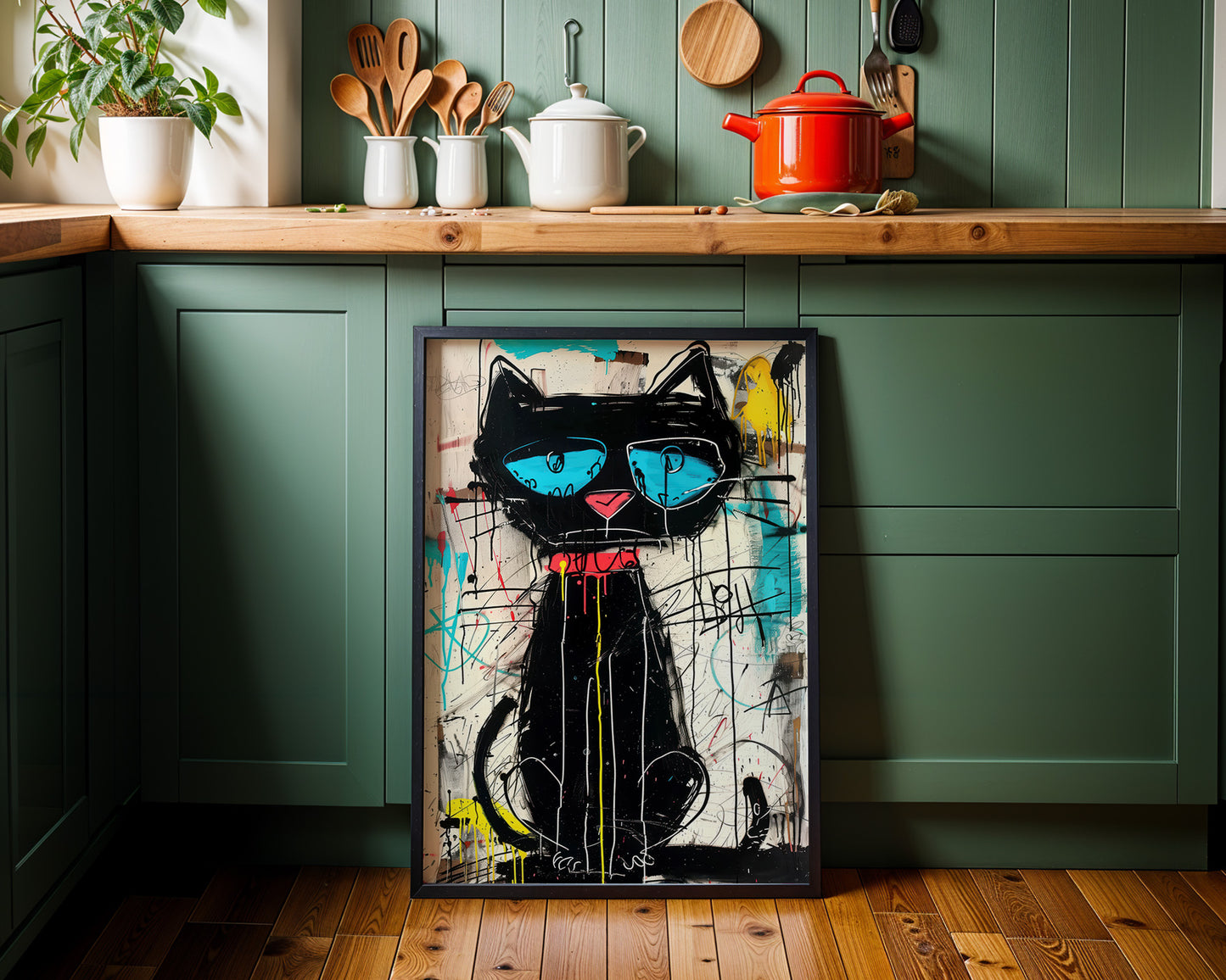 Colorful maximalist statement print of a black cat on a wooden floor in a kitchen.