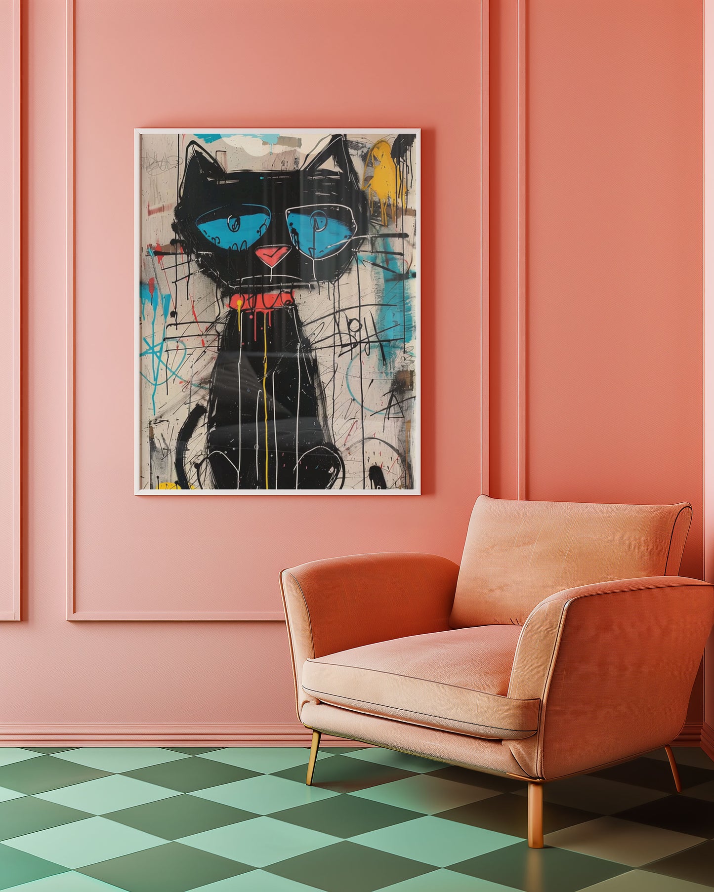 Modern dopamine decor interior with a pink armchair and abstract black cat artwork on a pink wall.