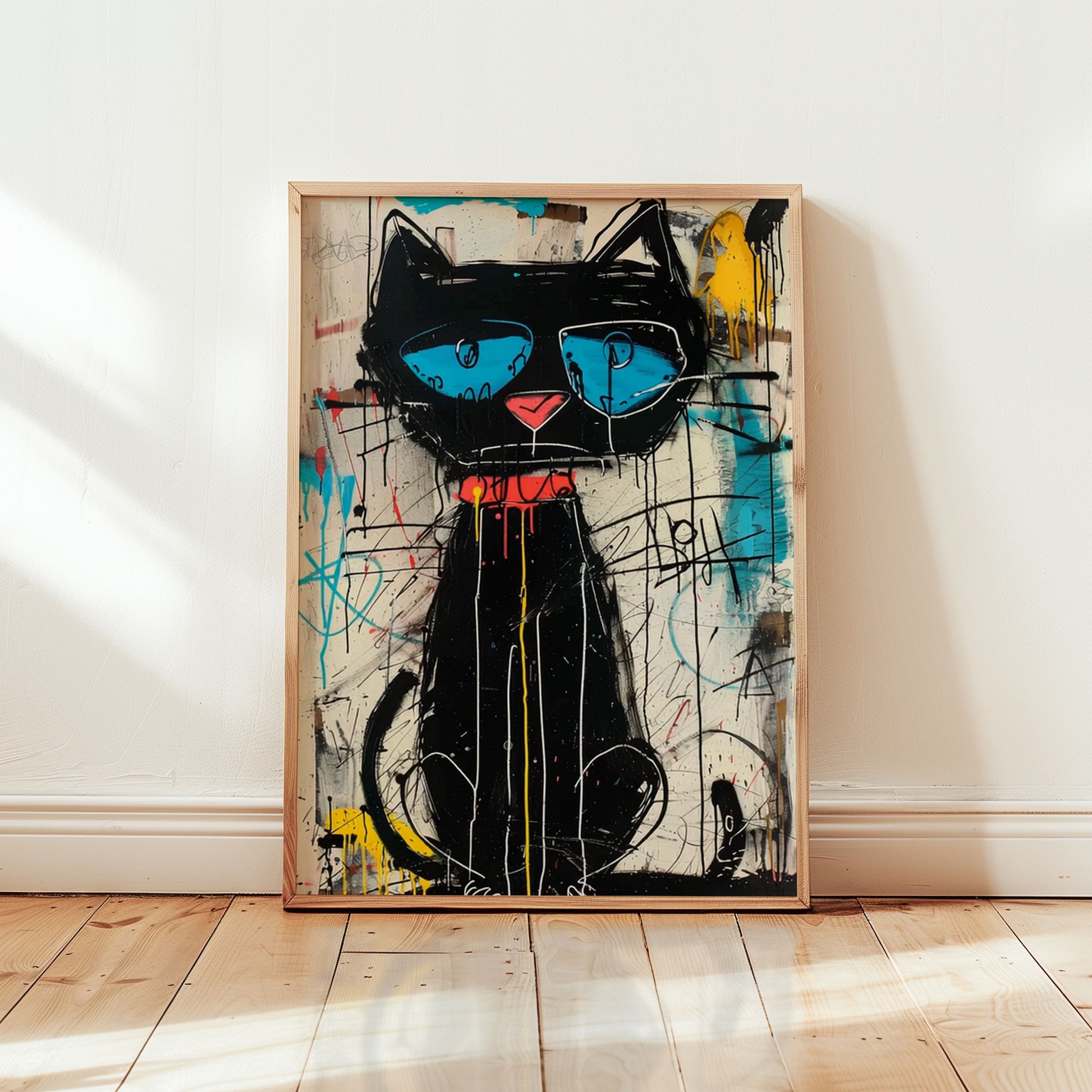 neo-expressionist black cat art print, New York graffiti street art style with teal eyes drip paint and raw mark-making on distressed white background