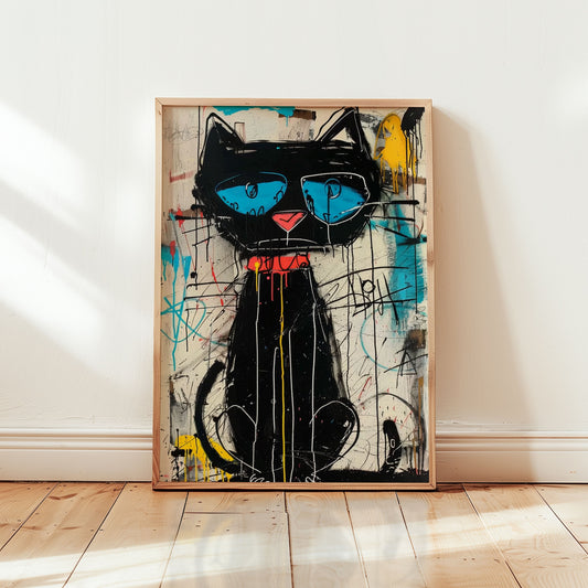 neo-expressionist black cat art print, New York graffiti street art style with teal eyes drip paint and raw mark-making on distressed white background