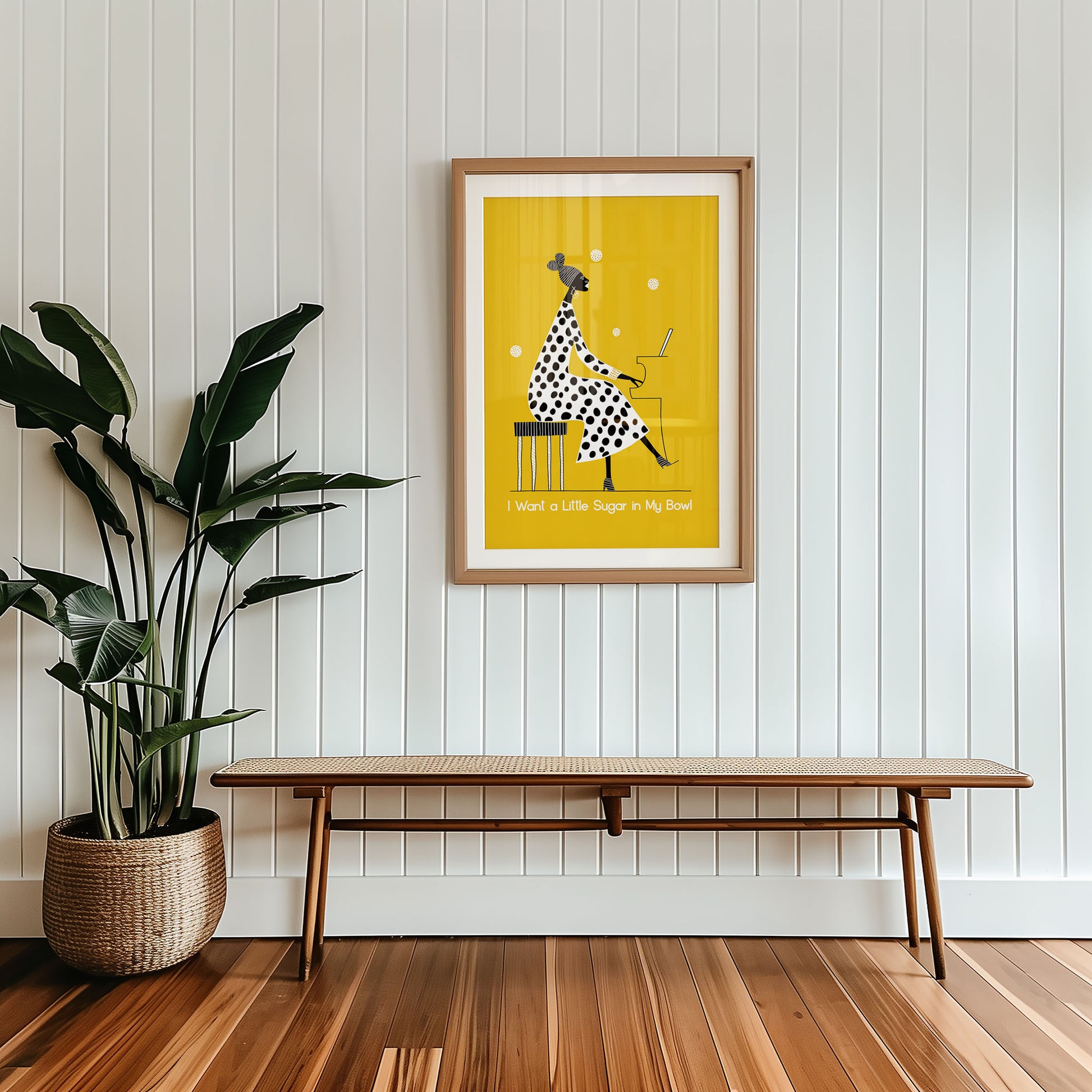 Framed mid-century style wall art print styled against minimalist interior wall