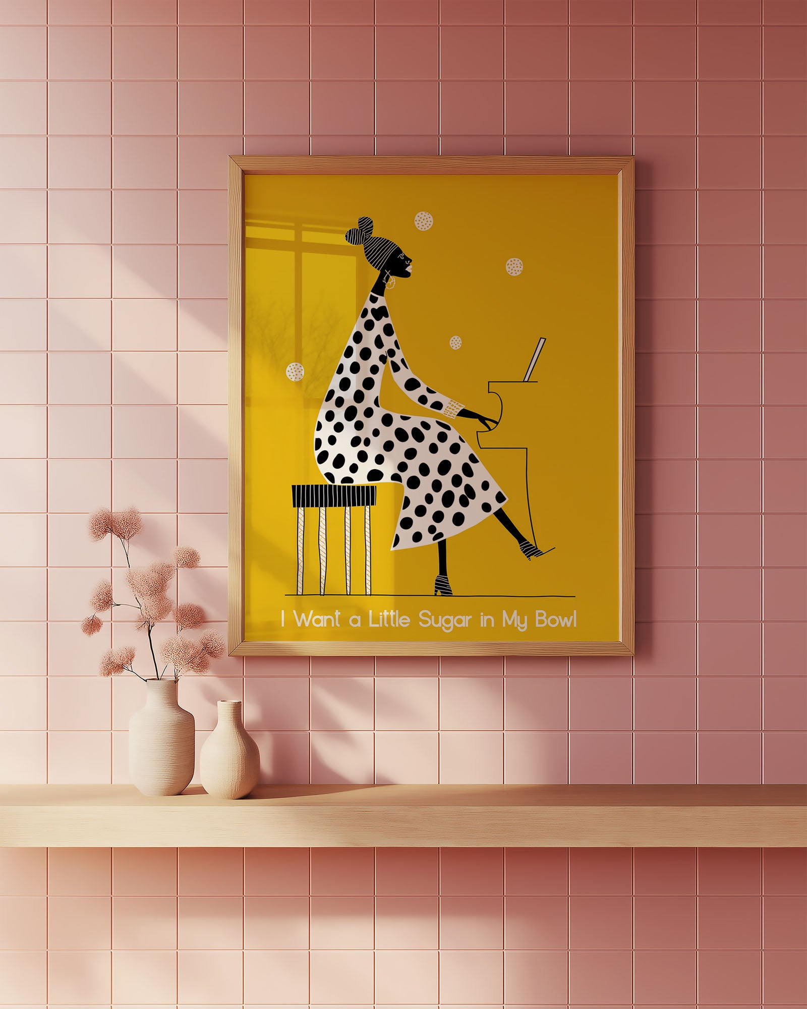 Colourful mid-century Jazz style poster adding bold accent to modern Bathroom