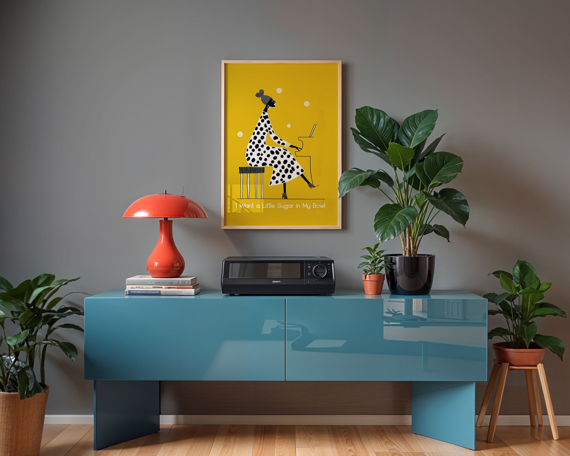 Mid-century modern Jazz poster styled in clean Scandinavian inspired living space