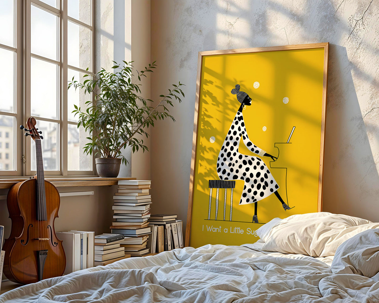 Framed artwork of a woman in a polka dot dress on a yellow background in a room with books and a violin.