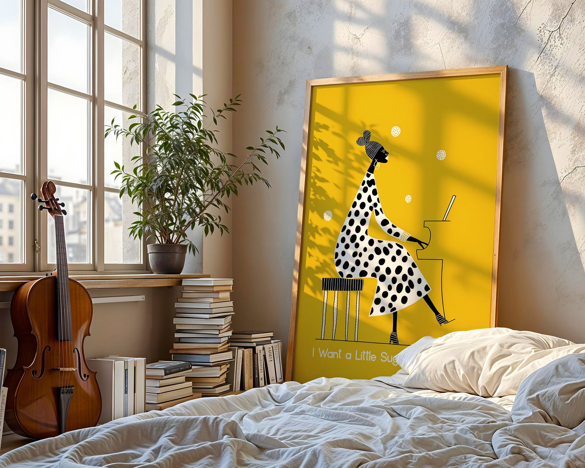 Framed artwork of a woman in a polka dot dress on a yellow background in a room with books and a violin.