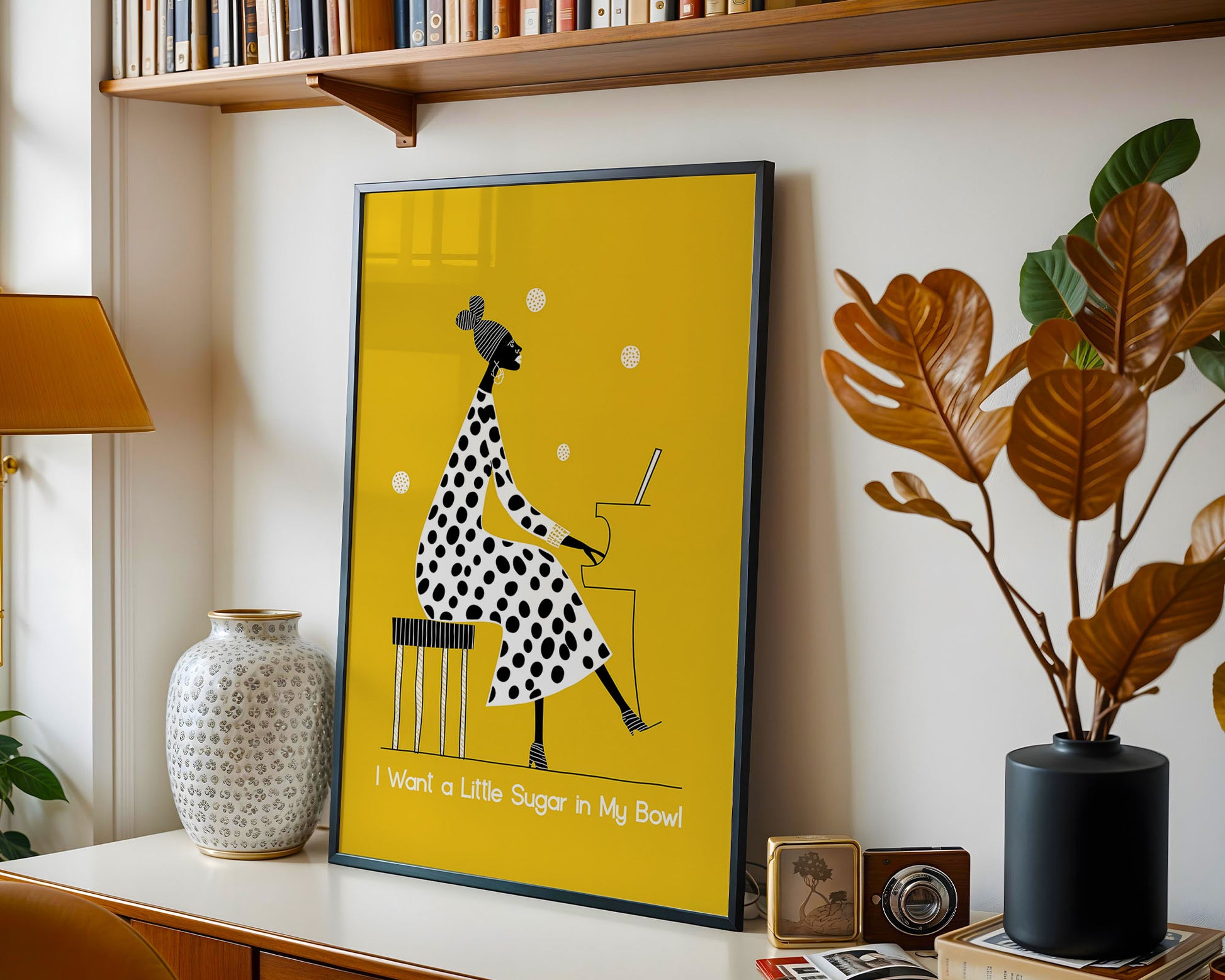 Colourful mid-century style poster adding bold accent to modern home interior