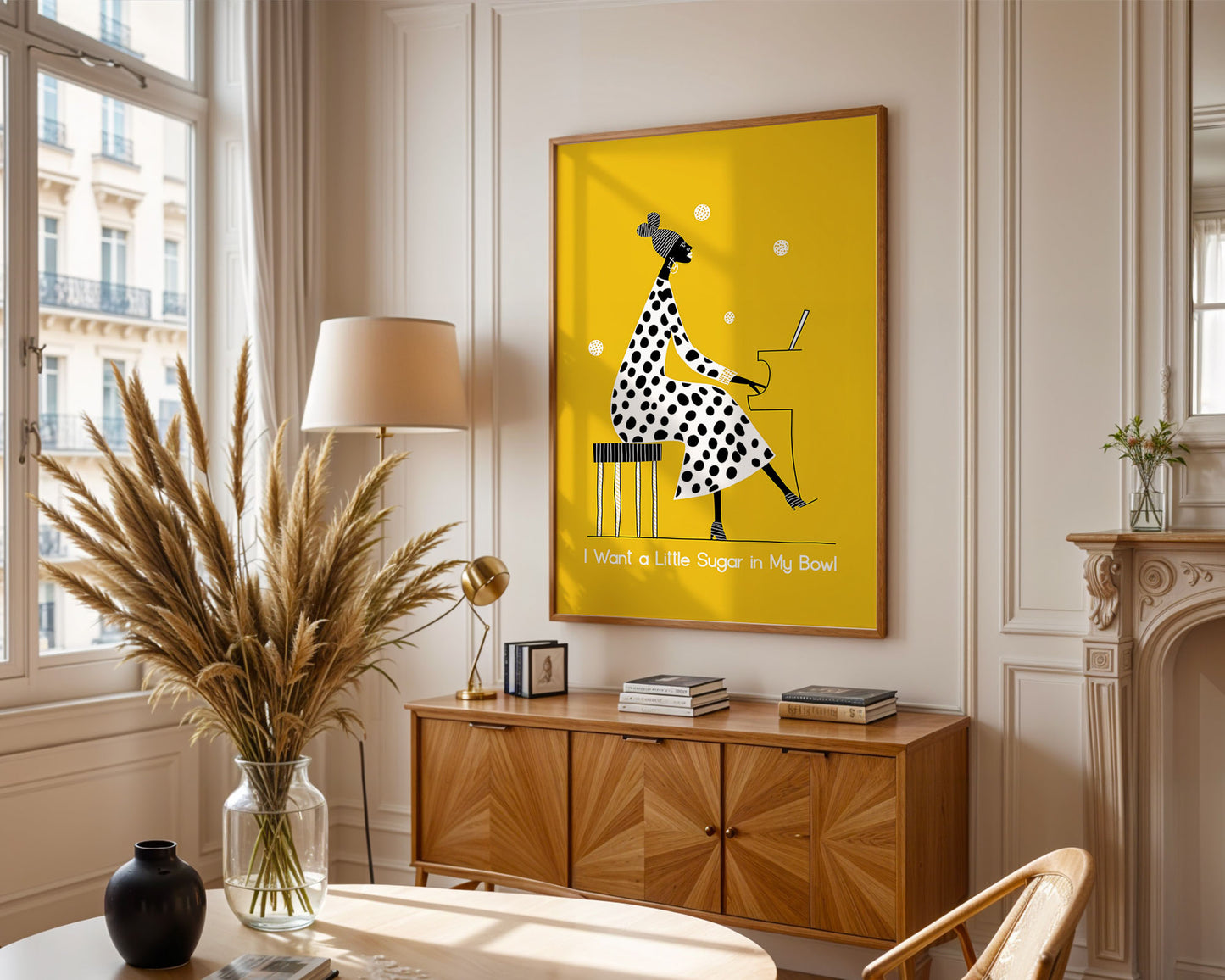 Colourful mid-century style poster adding bold accent to modern home interior