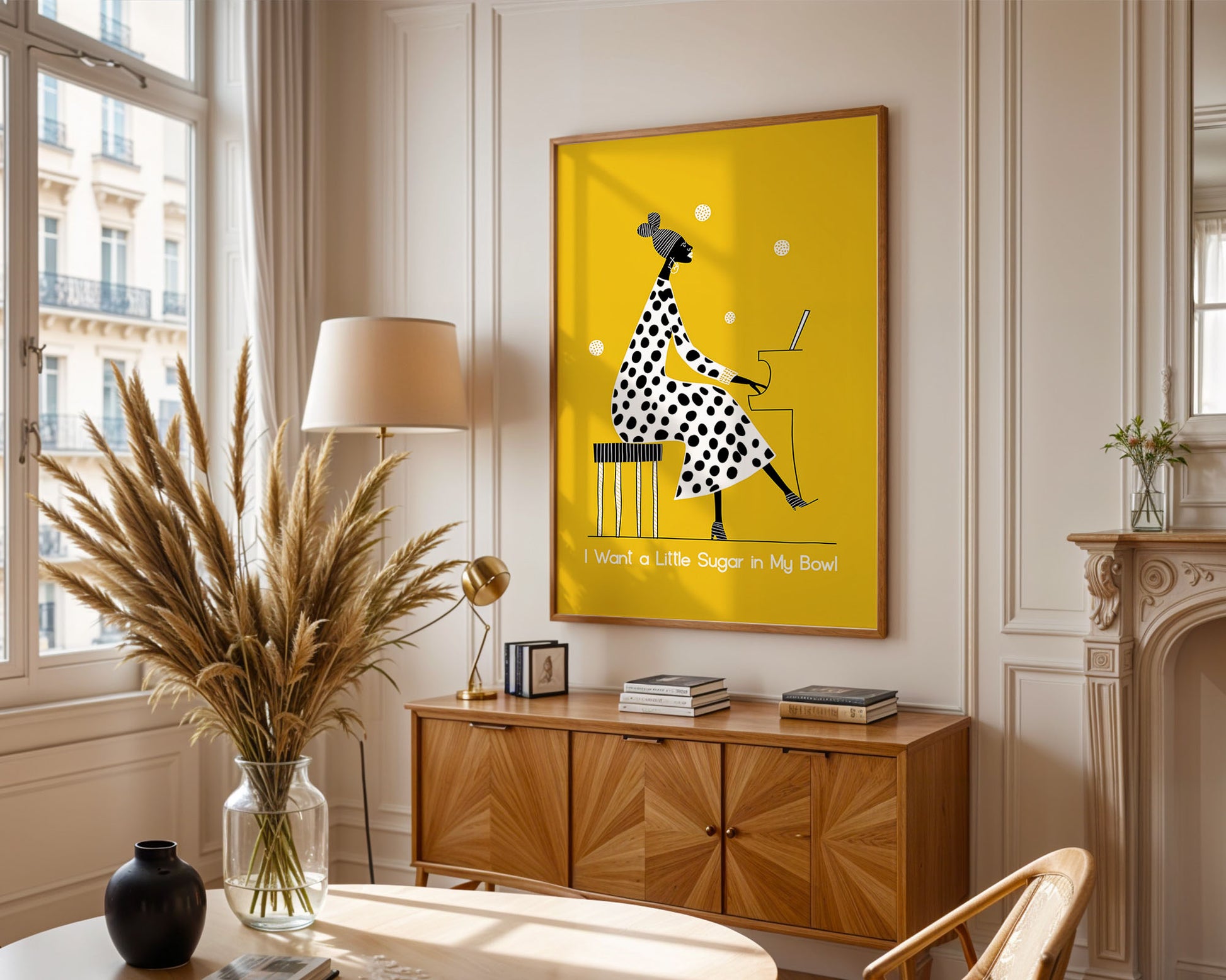 Colourful mid-century style poster adding bold accent to modern home interior