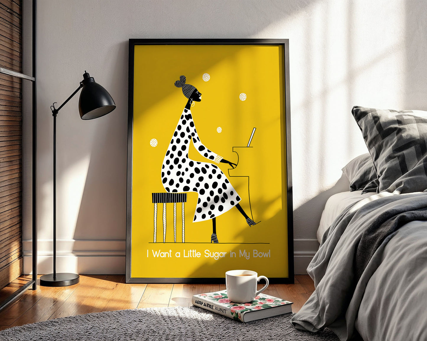 Framed Jazz artwork with a polka dot dress design on a yellow background in a bedroom setting.