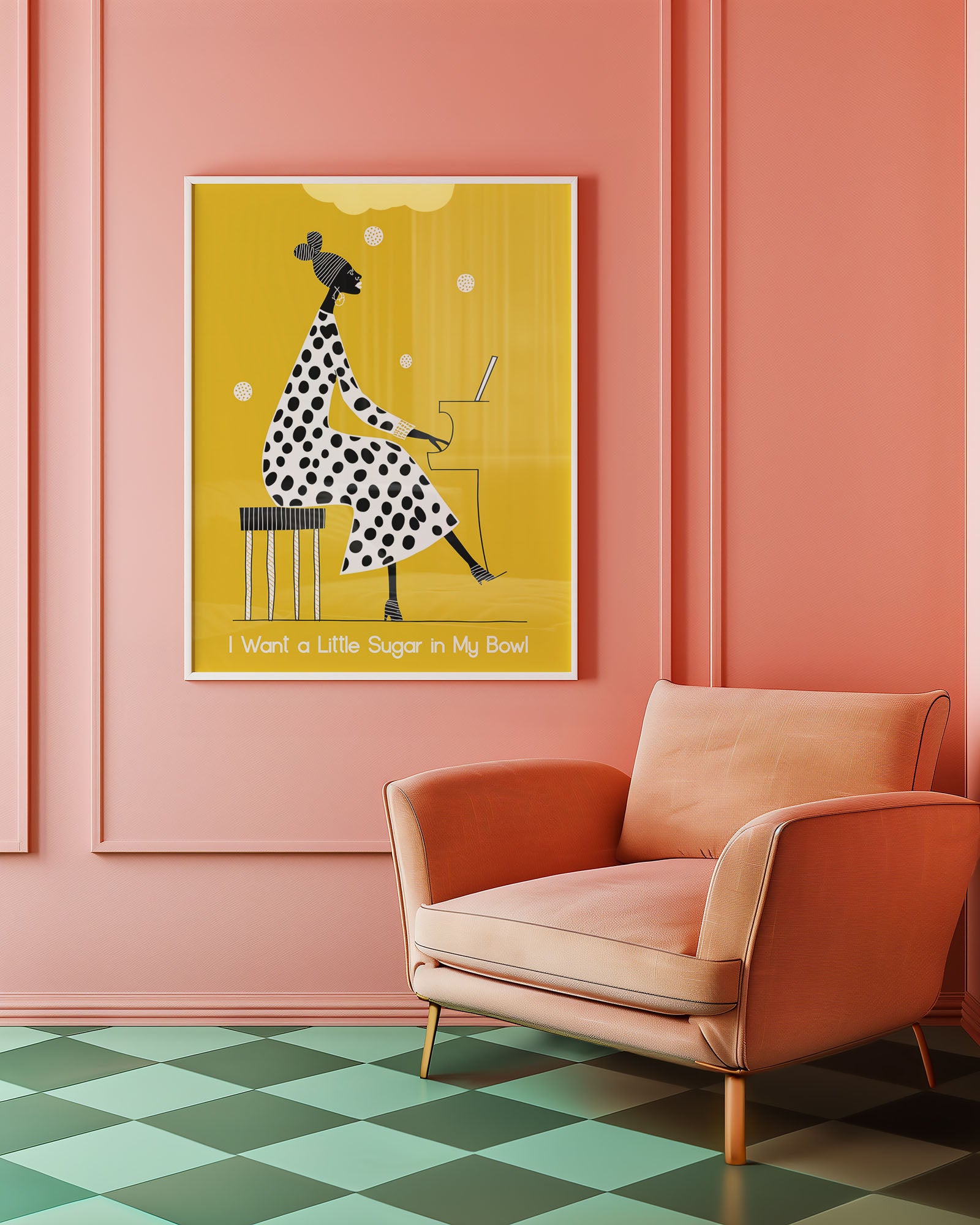 Framed artwork of a polka-dotted woman on a yellow background above a pink armchair in a room with pink walls and green checkered floor.