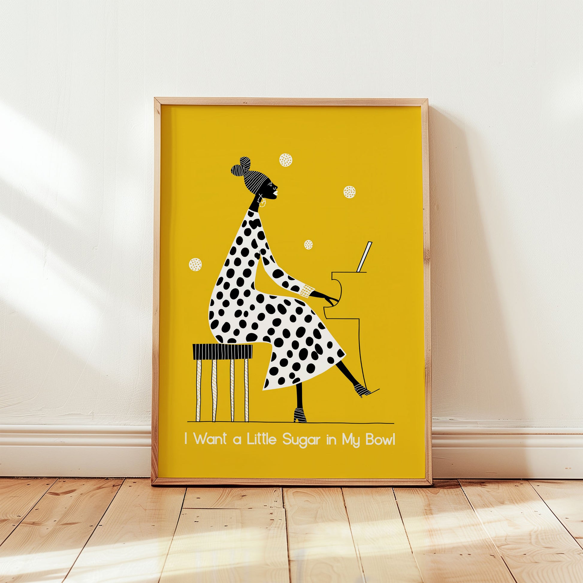 Nina Simone A Little Sugar in My Bowl poster featuring minimalist piano illustration on bold yellow background in mid-century modern style from Wallgarde
