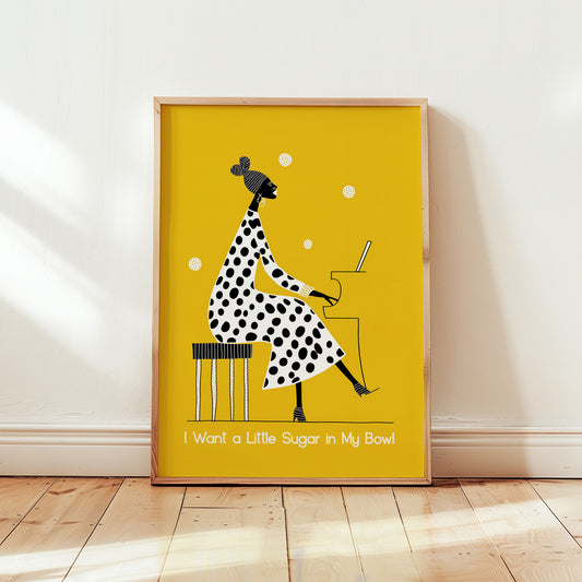 Nina Simone A Little Sugar in My Bowl poster featuring minimalist piano illustration on bold yellow background in mid-century modern style from Wallgarde
