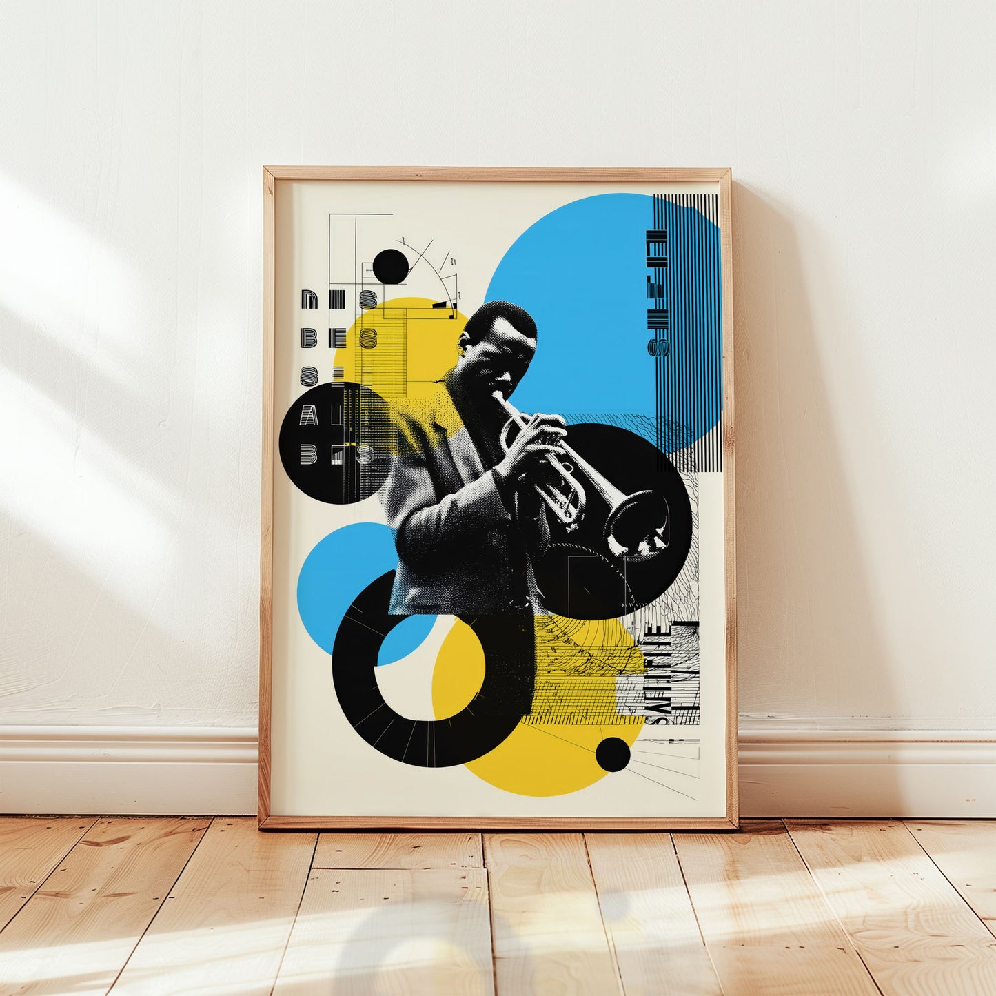 Miles Davis abstract jazz wall art with geometric shapes and trumpet portrait in mid-century modern style from Wallgarde
