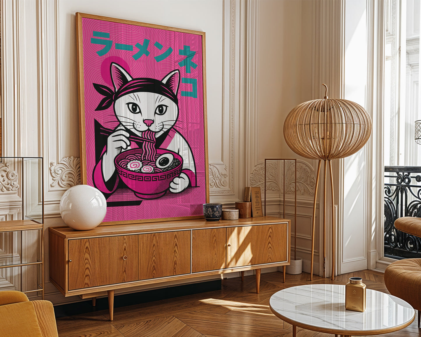 Modern Parisian apartment with Japanese ramen poster on the wall. 