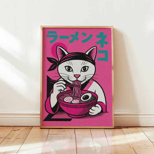 Framed ramen cat Japanese art print in wooden frame, bold magenta pink illustration with white cat eating ramen and teal katakana typography