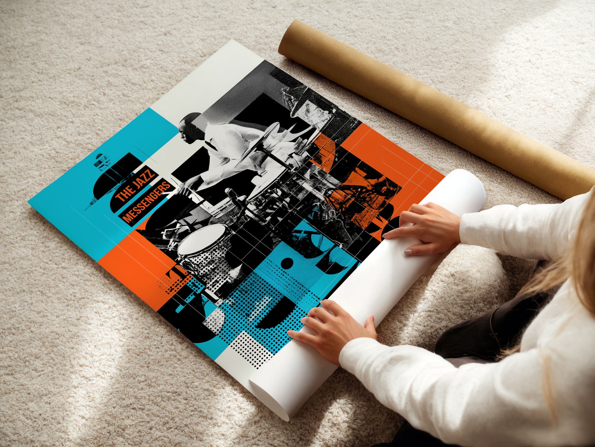 Person unrolling a large warm minimalism poster of jazz musicians.