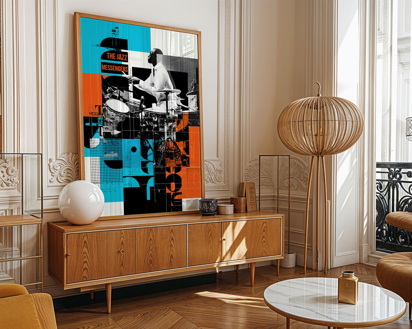 dark academia living room with a large abstract dopamine decor Jazz poster, Parisian apartment interior. 