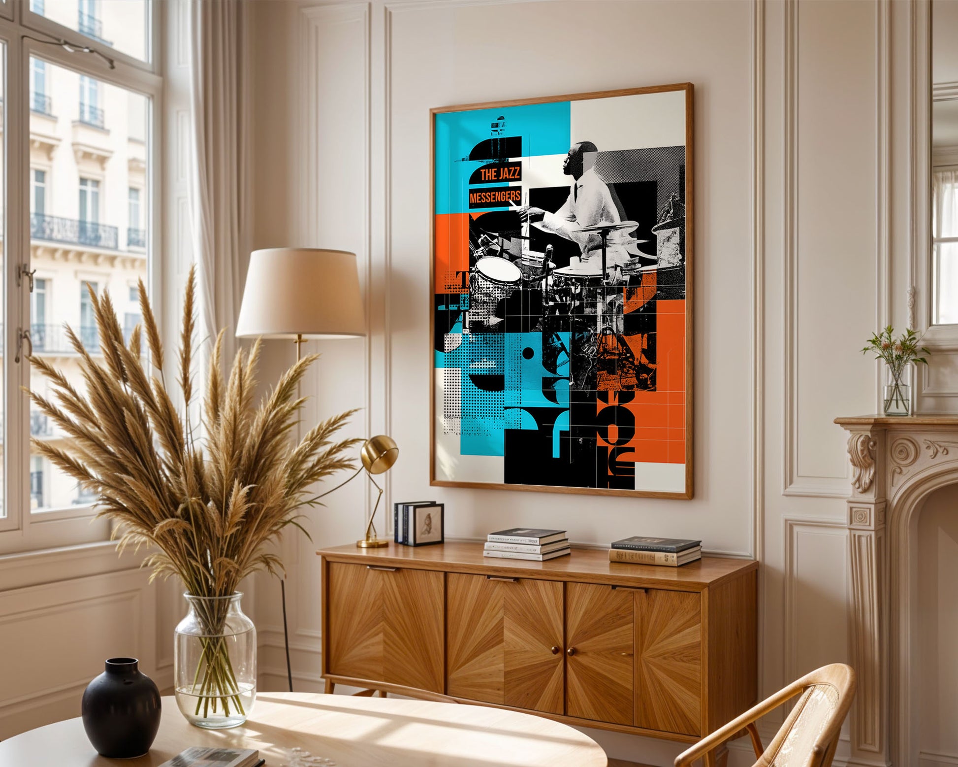 Modern living room with a wooden cabinet, decorative vase, and abstract art on the wall.