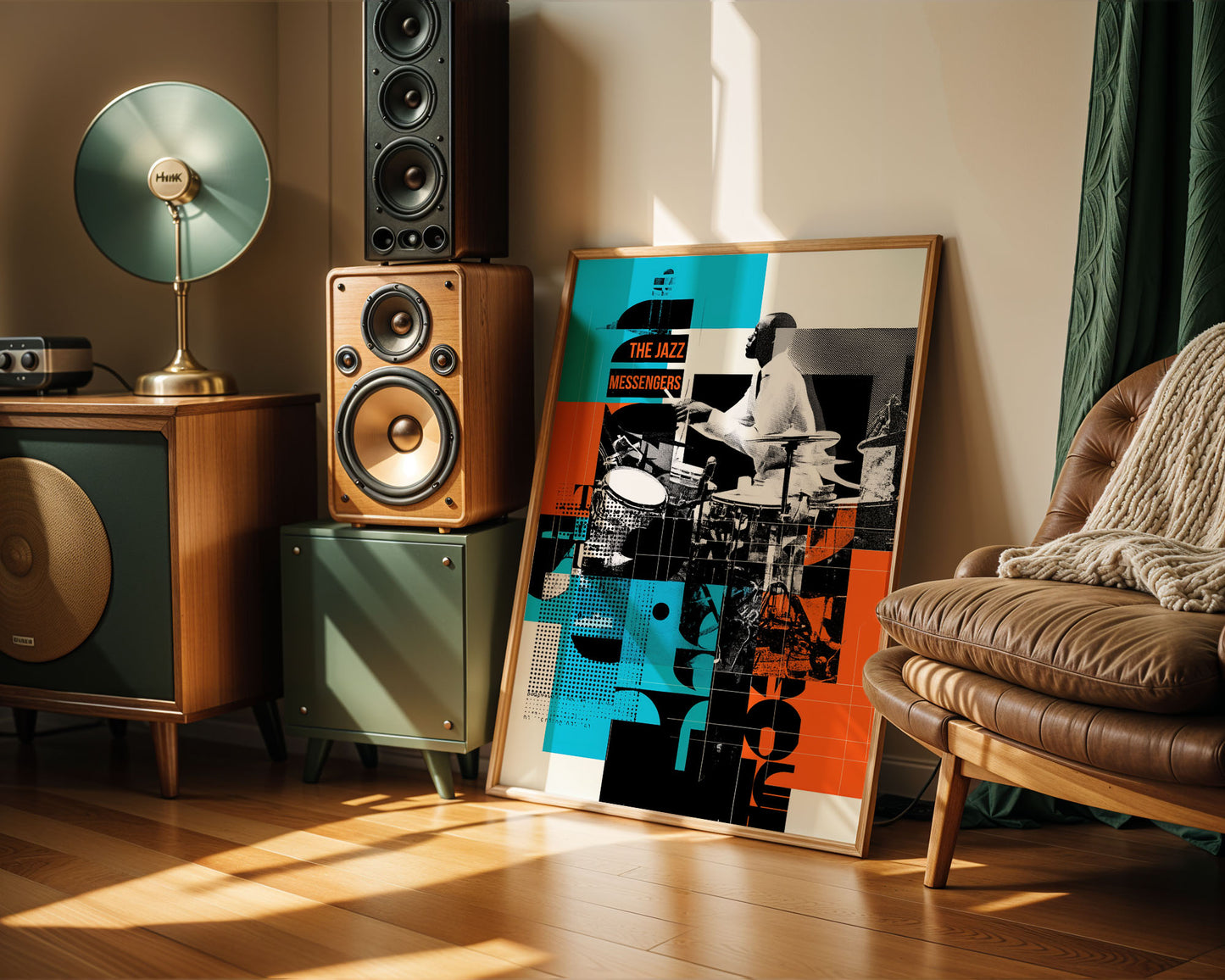 Music studio interior with speakers, a chair, 
maximalist wall art poster of a jazz musician.