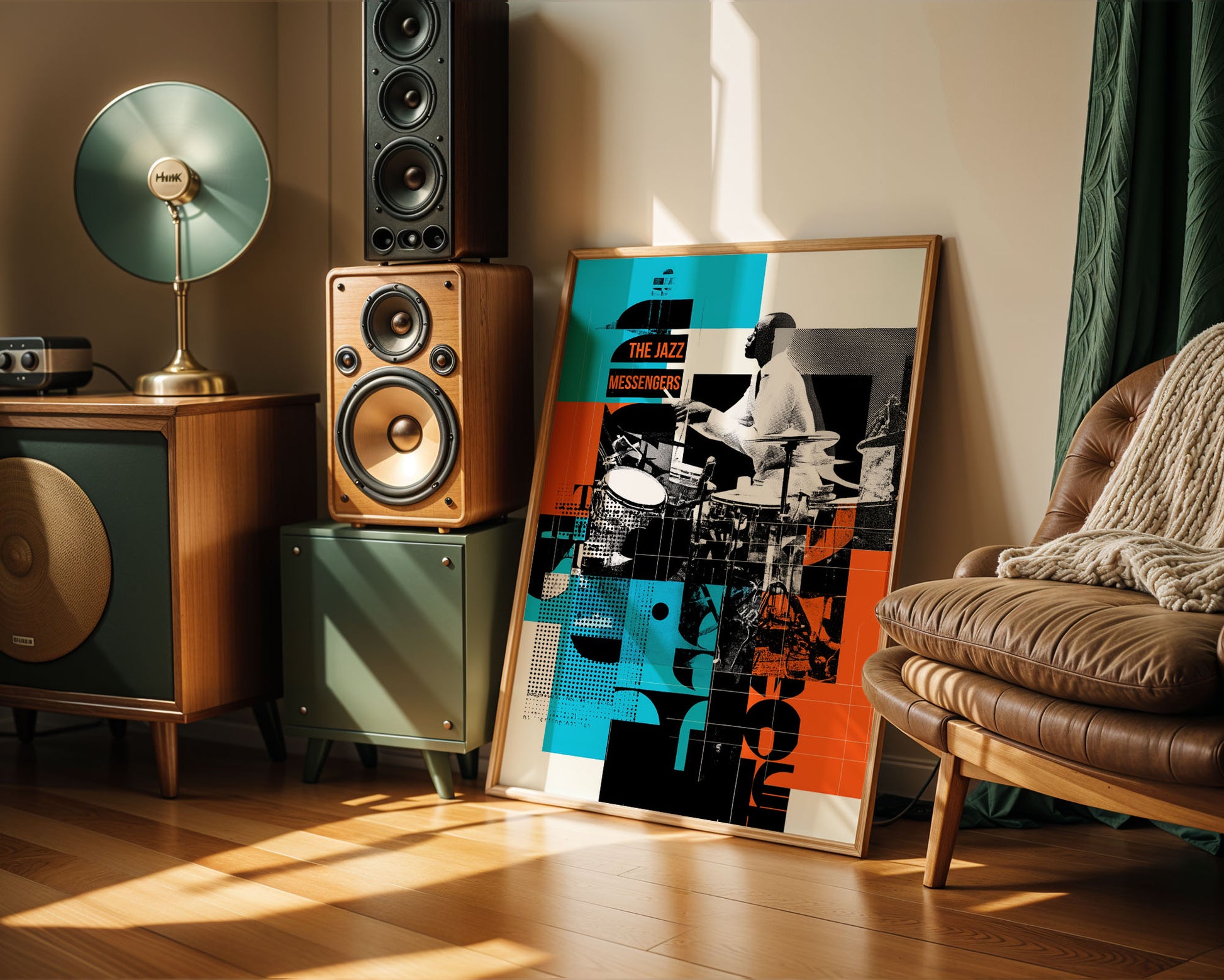 Music studio interior with speakers, a chair, 
maximalist wall art poster of a jazz musician.