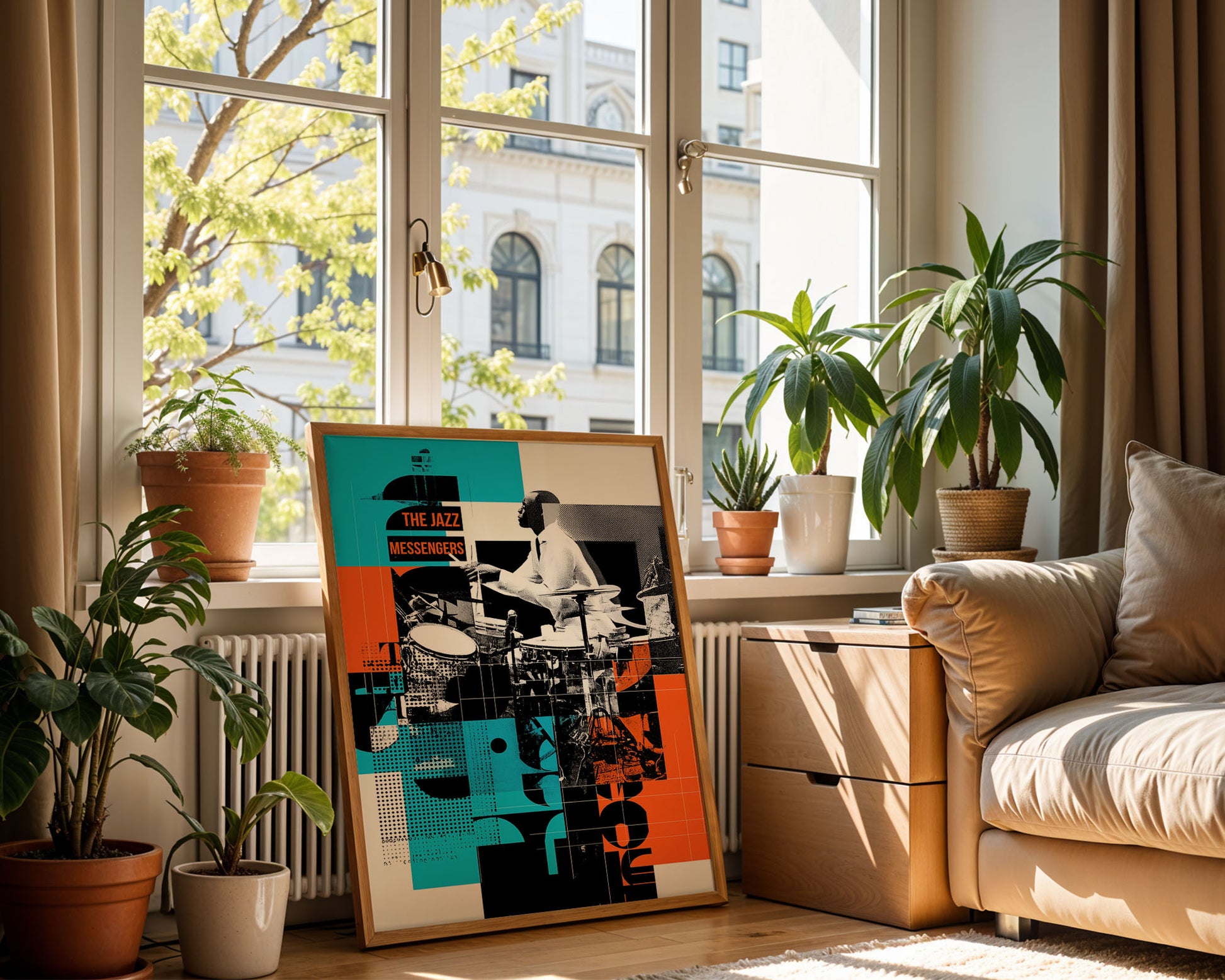 Living room with a large window, plants, and a colorful abstract painting on a wooden floor.