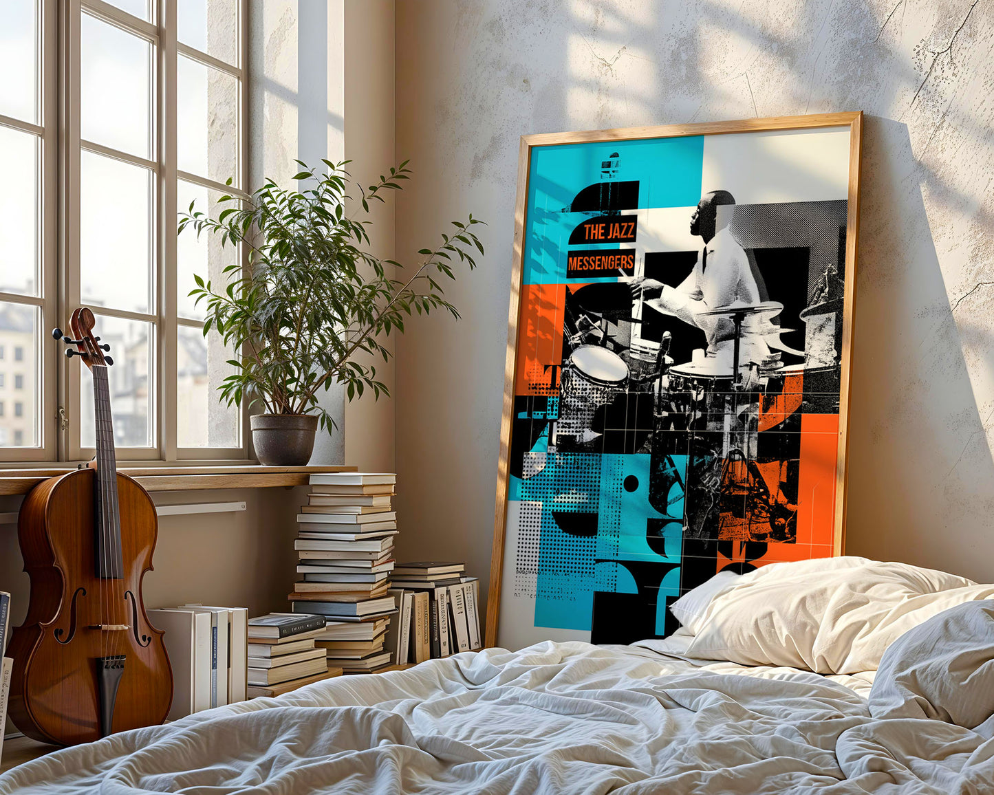 Framed artwork of a jazz musician on a wall above a bed with books and a violin in the room.